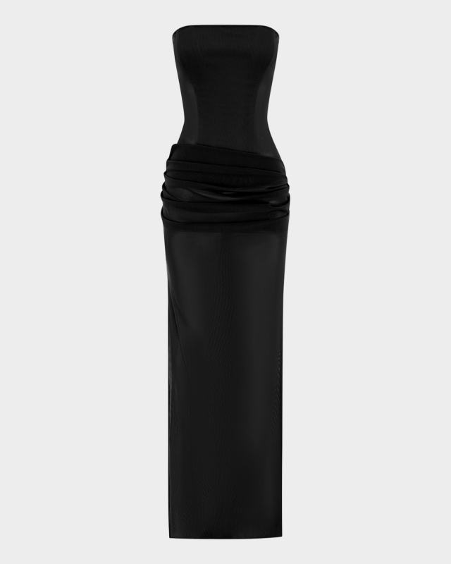 Strapless Draped Power Mesh Corset Column Gown